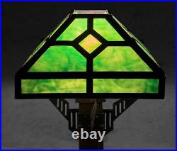 Antique Arts & Crafts Green Slag Glass & Oak Prairie School Table Lamp Antique Arts & Crafts Green Slag Glass & Oak Prairie School Table Lamp