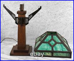 Antique Arts & Crafts Green Slag Glass & Oak Prairie School Table Lamp