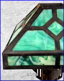 Antique Arts & Crafts Green Slag Glass & Oak Prairie School Table Lamp