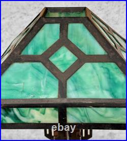 Antique Arts & Crafts Green Slag Glass & Oak Prairie School Table Lamp Antique Arts & Crafts Green Slag Glass & Oak Prairie School Table Lamp