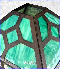 Antique Arts & Crafts Green Slag Glass & Oak Prairie School Table Lamp