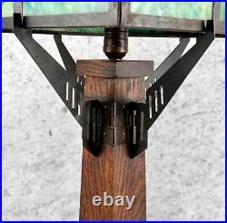 Antique Arts & Crafts Green Slag Glass & Oak Prairie School Table Lamp