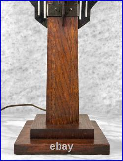 Antique Arts & Crafts Green Slag Glass & Oak Prairie School Table Lamp