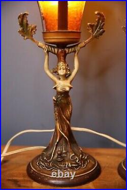 Antique Arts & Crafts Lamp Light Lady Figural slag glass Art Nouveau Amber Shade