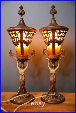 Antique Arts & Crafts Lamp Light Lady Figural slag glass Art Nouveau Amber Shade