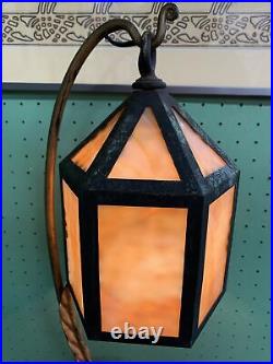 Antique Arts & Crafts Lantern Style Metal & Slag Glass Lamp