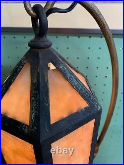Antique Arts & Crafts Lantern Style Metal & Slag Glass Lamp