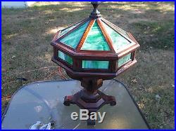 Antique Arts/ Crafts Mahogony 8 Panel Lamp (Green Slag Glass Panels)