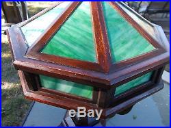 Antique Arts/ Crafts Mahogony 8 Panel Lamp (Green Slag Glass Panels)