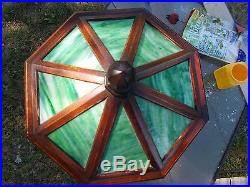 Antique Arts/ Crafts Mahogony 8 Panel Lamp (Green Slag Glass Panels)