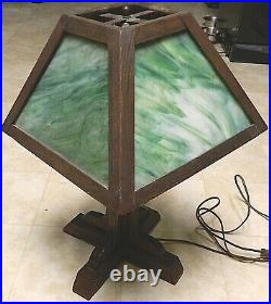 Antique Arts & Crafts Mission Slag Glass Oak Table Lamp