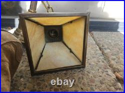 Antique Arts Crafts Mission Style Slag Glass Brass Hanging Chain Light
