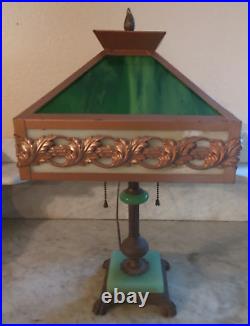 Antique Arts & Crafts Mission Style Table Lamp Green & Cream Slag Glass Shade