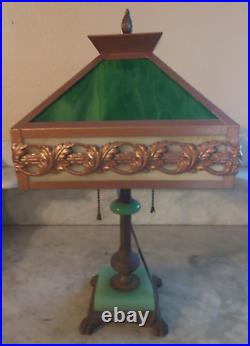 Antique Arts & Crafts Mission Style Table Lamp Green & Cream Slag Glass Shade