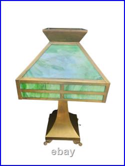 Antique Arts Crafts Mission Table Lamp Green Slag Glass Brass