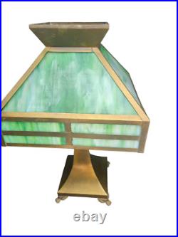 Antique Arts Crafts Mission Table Lamp Green Slag Glass Brass