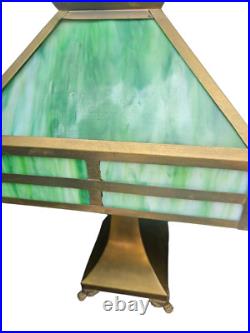 Antique Arts Crafts Mission Table Lamp Green Slag Glass Brass