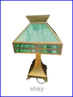 Antique Arts Crafts Mission Table Lamp Green Slag Glass Brass