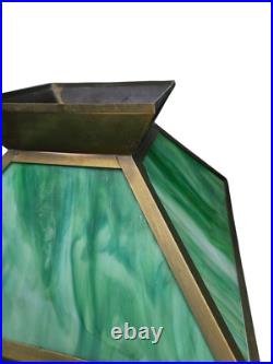 Antique Arts Crafts Mission Table Lamp Green Slag Glass Brass