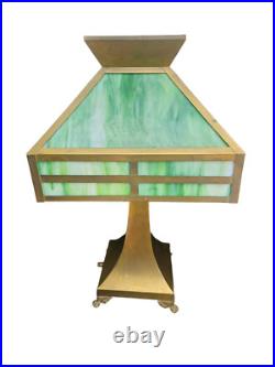 Antique Arts Crafts Mission Table Lamp Green Slag Glass Brass