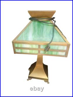 Antique Arts Crafts Mission Table Lamp Green Slag Glass Brass