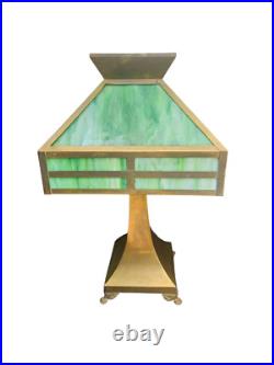 Antique Arts Crafts Mission Table Lamp Green Slag Glass Brass