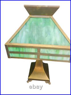 Antique Arts Crafts Mission Table Lamp Green Slag Glass Brass