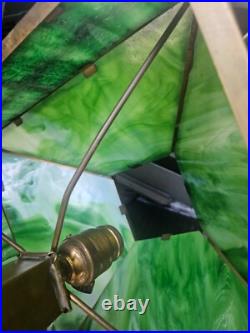 Antique Arts Crafts Mission Table Lamp Green Slag Glass Brass