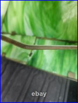 Antique Arts Crafts Mission Table Lamp Green Slag Glass Brass