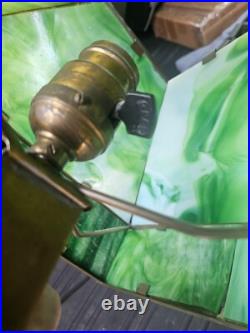 Antique Arts Crafts Mission Table Lamp Green Slag Glass Brass