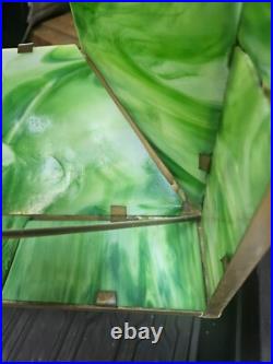 Antique Arts Crafts Mission Table Lamp Green Slag Glass Brass