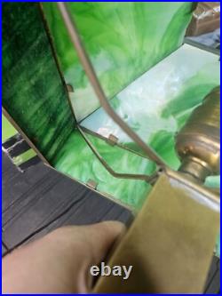 Antique Arts Crafts Mission Table Lamp Green Slag Glass Brass