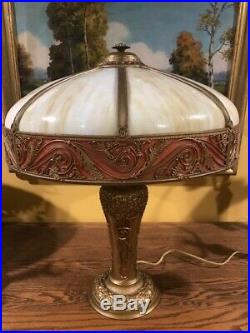 Antique Arts Crafts Mission Vintage Slag Glass Bradley Hubbard Handel Era Lamp