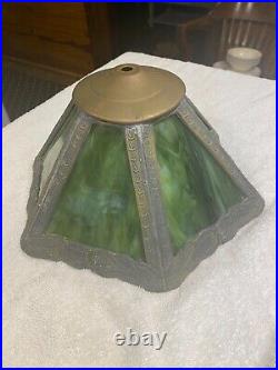 Antique Arts & Crafts Nouveau 6-panel Green Slag Glass Table Lamp 17 Tall