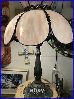 Antique Arts & Crafts Nouveau Caramel 6-Panel Curved Slag Glass Table Lamp