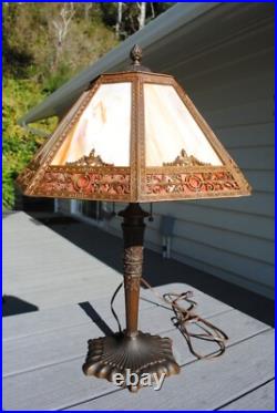 Antique Arts & Crafts Octagon Slag Glass Table Lamp