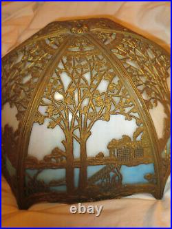 Antique Arts Crafts Period Slag Glass 12 Panel Lamp Shade Oriental Motif