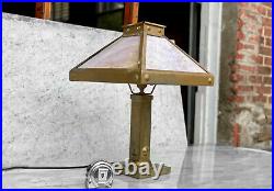 Antique Arts & Crafts Pink Slag Glass Brass Table Lamp