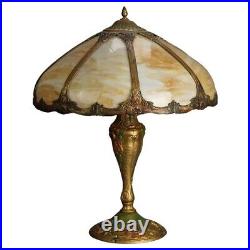 Antique Arts & Crafts Royal Polychromed & Caramel Slag Glass Lamp C1920