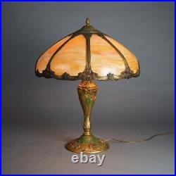 Antique Arts & Crafts Royal Polychromed & Caramel Slag Glass Lamp C1920