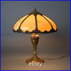 Antique Arts & Crafts Royal Polychromed & Caramel Slag Glass Lamp C1920