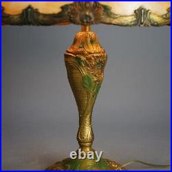 Antique Arts & Crafts Royal Polychromed & Caramel Slag Glass Lamp C1920