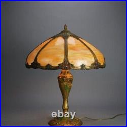 Antique Arts & Crafts Royal Polychromed & Caramel Slag Glass Lamp C1920