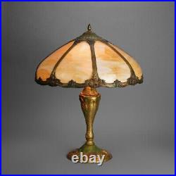 Antique Arts & Crafts Royal Polychromed & Caramel Slag Glass Lamp C1920