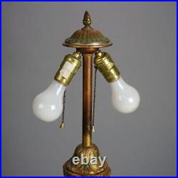 Antique Arts & Crafts Royal Polychromed & Caramel Slag Glass Lamp C1920