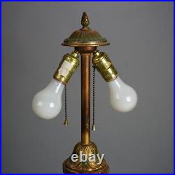 Antique Arts & Crafts Royal Polychromed & Caramel Slag Glass Lamp C1920