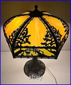 Antique Arts & Crafts Signed Rainaud Japanese Garden Slag Glass Panel Lamp