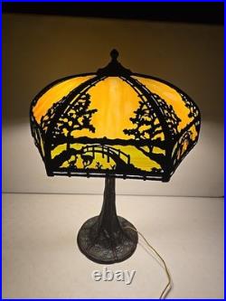 Antique Arts & Crafts Signed Rainaud Japanese Garden Slag Glass Panel Lamp