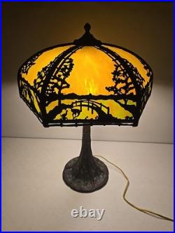 Antique Arts & Crafts Signed Rainaud Japanese Garden Slag Glass Panel Lamp