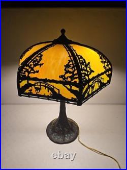 Antique Arts & Crafts Signed Rainaud Japanese Garden Slag Glass Panel Lamp